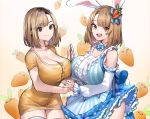  2girls :3 :d :o absurdres animal_ears black_eyes blue_bow blue_dress bow breast_press breasts brown_eyes brown_hair bunny_ayumi bunny_ayumi_(vtuber) bunny_ears carrot detached_sleeves dress dual_persona eyebrows eyebrows_visible_through_hair food hair_bow highres large_breasts long_shirt medium_hair multiple_girls neonbeat open_mouth orange_shirt polar_opposites real_life shirt smile striped striped_dress symmetrical_docking 