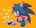  2020 anthro biped blue_body blue_fur clothing english_text eulipotyphlan fur gesture gloves green_eyes hand_on_hip handwear hedgehog male mammal open_mouth open_smile orange_background paiirupie simple_background smile solo sonic_the_hedgehog sonic_the_hedgehog_(series) text 