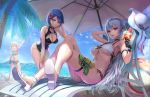  3girls :d arm_behind_head arm_strap arm_up armpits azur_lane bangs bare_shoulders beach beach_chair beach_umbrella bikini bikini_top bird black_bikini black_choker black_gloves black_swimsuit blonde_hair blue_eyes blue_hair blue_sky blunt_bangs blush breasts chapayev_(azur_lane) choker cleavage cloud collarbone commentary_request crossed_legs cup day dolphin drinking_glass drinking_straw eyebrows_behind_hair flower framed_breasts full_body glint gloves groin grozny_(azur_lane) hair_between_eyes hair_flower hair_ornament hand_in_hair hand_on_own_knee hat headwear_removed holding holding_cup horizon innertube large_breasts leaning_forward lens_flare long_hair looking_at_viewer midriff mole mole_on_breast multiple_girls navel ocean one-piece_swimsuit open_mouth palm_tree purple_eyes red_eyes saikoro_(et1312) sand sandals seagull shadow short_hair sidelocks silver_hair sitting skindentation sky small_breasts smile sovetskaya_rossiya_(azur_lane) standing striped striped_bikini sun_hat swept_bangs swimsuit thigh_strap tree umbrella underboob upper_teeth very_long_hair water_gun white_bikini white_footwear 