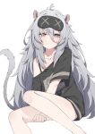  1girl ahoge animal_ears bare_legs blindfold bra_strap clauvio_(vtuber) closed_mouth clothes_writing collarbone commentary english_commentary grey_eyes grey_hair hair_between_eyes highres indie_virtual_youtuber long_hair long_hair_between_eyes looking_at_viewer mask mask_on_head mouse_ears mouse_girl mouse_tail oversized_clothes oversized_shirt print_shirt shirt short_sleeves simple_background sitting sleep_mask smile solo t-shirt tail valefal_coneri very_long_hair virtual_youtuber white_background 