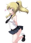  1girl artist_name bare_shoulders black_neckwear black_skirt blonde_hair blush breasts carpaccio_(girls_und_panzer) closed_mouth covered_nipples dated eyebrows_visible_through_hair girls_und_panzer green_eyes heart highres kuzuryuu_kennosuke looking_at_viewer medium_breasts miniskirt necktie no_bra ponytail shiny shiny_hair shirt sideboob simple_background skirt smile solo white_background white_shirt 