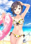  1girl :d antenna_hair arm_up armpits ass_visible_through_thighs ayumi_(as0206) bangs bare_arms bare_shoulders beach bikini black_eyes blue_sky blush breasts brown_hair cloud cloudy_sky collarbone commentary_request cowboy_shot day floral_print frilled_innertube frills front-tie_bikini front-tie_top groin hair_between_eyes hair_ornament hand_in_hair highres holding horizon idolmaster idolmaster_million_live! idolmaster_million_live!_theater_days innertube kikuchi_makoto lemon_print looking_at_viewer navel ocean open_mouth outdoors pink_innertube print_bikini short_hair side-tie_bikini sky small_breasts smile solo starfish_hair_ornament swimsuit thigh_gap water 