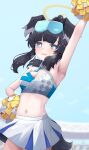  1girl absurdres animal_ears arm_up armpits black_hair blue_archive blue_eyes blush breasts cheerleader commentary_request dog_ears dog_girl dog_tail goggles goggles_on_head halo hibiki_(blue_archive) hibiki_(cheer_squad)_(blue_archive) highres holding holding_pom_poms long_hair looking_at_viewer millennium_cheerleader_outfit_(blue_archive) narita_fuyu navel official_alternate_costume open_mouth pom_pom_(cheerleading) skirt solo star_(symbol) star_sticker sticker sticker_on_face sweat sweatdrop sweaty_armpits tail yellow_halo 