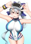  1girl bangs blue_bow blue_swimsuit blush bow breasts fate/grand_order fate_(series) hair_between_eyes hair_bow head_mounted_display headphones highleg highleg_swimsuit highres kitajima_yuuki large_breasts long_hair looking_at_viewer one-piece_swimsuit open_mouth ponytail red_eyes silver_hair smile swimsuit thighs tomoe_gozen_(fate/grand_order) tomoe_gozen_(swimsuit_saber)_(fate) two-tone_swimsuit white_swimsuit 