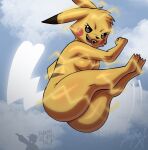 anthro attack big_butt breasts butt dialogue duo electricity electricity_manipulation elemental_manipulation english_text exclamation_point female fur generation_1_pokemon gesture hand_gesture hi_res human looking_at_viewer male mammal motion_lines nintendo open_mouth open_smile pikachu pointing pokemon pokemon_(species) rakurawr signature sky skyscape smile tail text thick_thighs yellow_body yellow_fur