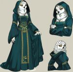  1girl beak bird bird_girl black_sclera colored_sclera commentary dress embroidered_dress embroidery english_commentary full_body gold_embroidery green_dress grey_background hood nonoka917 original owl owl_girl personification simple_background snowy_owl solo 