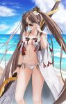  1girl bangs bare_shoulders beach bikini breasts brown_eyes brown_hair cleavage collarbone consort_yu_(fate) earrings fate/grand_order fate_(series) hair_ornament highres jewelry long_hair looking_at_viewer medium_breasts multiple_earrings muwon navel ocean open_clothes polearm robe shore smile spear sunglasses swimsuit twintails very_long_hair weapon white_bikini yu_miaoyi_(swimsuit_lancer) 