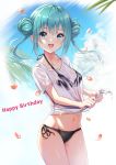  1girl alternate_hairstyle bikini black_bikini cloud cowboy_shot double_bun happy_birthday hatsune_miku looking_at_viewer nanashi_(74_nanashi) navel open_mouth outdoors petals see-through shirt side-tie_bikini sidelocks sky solo swimsuit t-shirt vocaloid white_shirt 