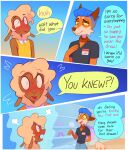 2025 4_panel_comic 5_fingers anthro ascot black_clothing black_shirt black_text black_topwear blue_background blue_eyes blue_hair blush blush_lines bodily_fluids border bottomwear brown_body brown_ears brown_eyes brown_fur brown_nose canid canine cheek_tuft clothed clothing clothing_store comic connor_(heresvix) crossdressing crossdressing_male dani_(heresvix) deer denim denim_bottomwear denim_clothing detailed_background dialogue dipstick_tail dress duo english_text facial_tuft femboy fingers fluffy fluffy_tail footwear fox fur gradient_background hair hand_behind_back heresvix hi_res high_heels inside jeans looking_at_another male mammal markings name_tag open_mouth open_smile orange_body orange_fur pants pink_text polka_dot_dress polka_dots purse red_ascot shirt shoes simple_background smile speech_bubble steam store sweat tail tail_markings tan_hair text topwear tuft v-neck white_border yellow_clothing yellow_dress yellow_sclera