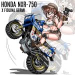  1girl artist_name boots breasts brown_boots brown_eyes brown_gloves brown_hair brown_hat brown_shorts brown_vest character_name clothing_cutout commentary crop_top field_cap fingerless_gloves fio_germi full_body glasses gloves gun hat highres hip_vent holding holding_gun holding_weapon honda honda_nxr750 knee_pads looking_at_viewer medium_breasts medium_hair metal_slug midriff motor_vehicle motorcycle navel noerartworks on_motorcycle open_clothes open_mouth open_vest ponytail revolver riding short_shorts shorts smile solo tank_top teeth upper_teeth_only vest weapon wheelie white_tank_top zoom_layer 
