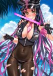  1girl absurdres bangs bare_shoulders bikini black_bikini black_gloves black_hair black_headwear blush bodystocking breasts cleavage covered_navel facial_mark fate/grand_order fate_(series) fingerless_gloves forehead_mark gloves halter_top halterneck hat highres large_breasts long_hair looking_at_viewer multicolored_hair necktie parted_bangs pink_hair pink_neckwear police_hat sesshouin_kiara sesshouin_kiara_(swimsuit_mooncancer)_(fate) shocho smile streaked_hair swimsuit thighs traffic_baton very_long_hair yellow_eyes 