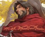  1boy bara beard black_hair blush brown_eyes brown_hair close-up cowboy_hat et.m facial_hair hat male_focus manly mccree_(overwatch) mechanical_hand medium_hair muscle outdoors overwatch sitting smile tree 