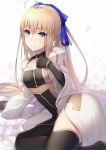  1girl ahoge artoria_pendragon_(all) artoria_pendragon_(caster) bangs banned_artist black_dress black_gloves black_legwear blonde_hair blush breasts cleavage_cutout closed_mouth dress elbow_gloves fate/grand_order fate_(series) gloves green_eyes kyoeiki long_hair long_sleeves looking_at_viewer small_breasts smile thighhighs thighs two-tone_dress white_dress 