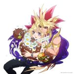  2boys armlet atem bare_arms bare_shoulders belt belt_collar bishounen black_belt black_collar black_pants black_shirt blonde_hair bloom blue_gem bracelet bright_pupils burger cape circle_name closed_mouth collar commentary_request copyright_name cowboy_shot creature dissolving dual_persona duel_monster earrings falling_petals flower flower_collar flower_request food fork gem gold_armlet gold_bracelet gold_collar gold_headband hari_(quartzshow) holding holding_food holding_fork jewelry kuriboh looking_at_another looking_up male_focus midriff_peek multiple_boys ofuda_earrings open_mouth pants petals purple_cape purple_eyes red_eyes red_hair selfcest shirt short_hair simple_background sleeveless sleeveless_shirt smile spiked_hair star_(symbol) studded_belt studded_bracelet tearing_up teeth toned toned_male tsurime upper_teeth_only usekh_collar web_address white_background white_flower white_pupils wrist_belt yami_yugi yaoi yu-gi-oh! 