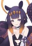  1girl animal_ears black_collar black_dress collar collarbone commentary detached_sleeves diamond_hair_ornament dress fur-trimmed_collar fur_trim gradient_hair halo halo_behind_head highres hololive hololive_english multicolored_hair ninomae_ina'nis ninomae_ina'nis_(1st_costume) orange_hair parted_lips pointy_ears purple_eyes purple_hair single_detached_sleeve solo tentacle_hair tentacles upper_body valefal_coneri virtual_youtuber white_sleeves 