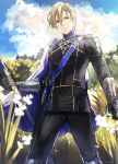  1boy absurdres armor artist_name bangs black_pants blonde_hair blue_cape blue_eyes blue_sky blurry cape closed_mouth cloud cloudy_sky commentary cowboy_shot day depth_of_field dimitri_alexandre_blaiddyd fire_emblem fire_emblem:_three_houses flower garreg_mach_monastery_uniform gloves grass highres holding holding_weapon kanniepan long_sleeves looking_at_viewer male_focus nature outdoors pants serious sheath sheathed short_hair shoulder_armor shoulder_plates sky solo standing sword tree weapon white_flower 
