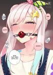  1girl airani_iofifteen airani_iofifteen_(1st_costume) artist_logo ball_gag ball_gag_progress_bar_(meme) blue_overalls blush collarbone english_text gag gradient_hair green_ribbon hair_bun hair_ribbon hololive hololive_indonesia landacdeus logo long_hair meme multicolored_hair multicolored_ribbon overalls paid_reward_available paint_splatter paint_splatter_on_face palette_hair_ornament pink_hair pink_ribbon polka_dot polka_dot_ribbon purple_eyes ribbon solo speech_bubble striped_ribbon upper_body virtual_youtuber 