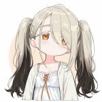  1girl ai-assisted alternate_hairstyle black_hair blonde_hair blush brown_background camisole closed_mouth collarbone cropped_torso earrings flipped_hair gakuen_idolmaster gradient_hair hair_over_one_eye idolmaster jewelry long_hair looking_to_the_side moru_(monaka) multicolored_hair open_clothes open_robe orange_eyes orange_ribbon ribbon robe shinosawa_hiro solo stud_earrings swept_bangs twintails two-tone_background upper_body white_background white_camisole white_robe 