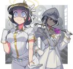  2girls angel arm_at_side azazel_(helltaker) bangs belt black_hair blue_eyes blunt_bangs breasts coat colored_inner_hair commentary_request cowboy_shot cross epaulettes eyebrows_visible_through_hair flower frown gloves hair_over_one_eye hair_ribbon hairband halo hand_on_hip hand_up hat helltaker holding kk_aa_nn_ii leaning_forward long_sleeves looking_at_another looking_at_viewer medium_breasts multicolored_hair multiple_girls pants purple_flower purple_hair ribbon riding_crop serious shaded_face shirt short_hair short_sleeves smile standing surprised uniform white_belt white_coat white_gloves white_hairband white_pants white_sleeves wide-eyed 