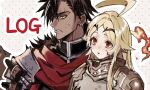  1boy 1girl ahoge armor black_hair blonde_hair blush clenched_teeth commentary_request ear_piercing eyebrow_cut facial_mark fire forbartz_xylo huge_ahoge keitozzz knife open_mouth parted_lips piercing red_eyes scar scar_across_eyebrow scar_on_face short_hair spiked_hair sweatdrop teeth teoritta upper_body yellow_eyes yuushakei_ni_shosu 