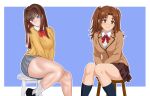  2girls absurdres aozaki_aoko artist_collaboration blue_eyes blush bow breasts brown_eyes brown_hair brown_skirt buttons collared_shirt cornflowerskies cosplay costume_switch grey_skirt hair_intakes head_tilt highres justcuyo long_hair looking_at_viewer mahou_tsukai_no_yoru miniskirt multiple_girls private_misaki_high_school_uniform red_bow school_uniform shirt sitting skirt smile socks souya_high_school_uniform stool sweater thick_thighs thighs tsukihime tsukihime_(remake) two_side_up white_shirt yellow_sweater yumizuka_satsuki 