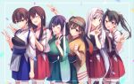  6+girls ^_^ ^o^ akagi_(kantai_collection) blue_eyes blue_hair blue_hakama brown_eyes brown_hair closed_eyes eyebrows_visible_through_hair green_eyes green_hair green_hakama green_kimono grin hair_between_eyes hair_ribbon hakama hakama_skirt headband hiryuu_(kantai_collection) japanese_clothes kaga_(kantai_collection) kantai_collection kimono long_hair long_sleeves multiple_girls muneate niwanazu one_side_up open_mouth red_hakama red_headband remodel_(kantai_collection) ribbon shoukaku_(kantai_collection) side_ponytail smile souryuu_(kantai_collection) tasuki twintails v white_hair white_ribbon wide_sleeves yellow_kimono zuikaku_(kantai_collection) 