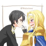 1boy 1girl alice_schuberg armor artist_name bangs bendy_straw black_eyes black_hair blonde_hair blue_eyes blush breasts bubble_tea bubble_tea_challenge commentary_request cup disposable_cup drink drinking_straw epaulettes felutiahime from_side gold_armor hairband highres kirito long_hair looking_at_another md5_mismatch open_mouth short_hair shoulder_armor sweatdrop sword_art_online sword_art_online:_alicization translated upper_body white_background white_hairband 