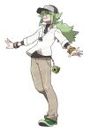  1boy :d absurdres anime_coloring asymmetrical_clothes baseball_cap black_hat black_shirt bracelet brown_pants chain collared_shirt cowlick cube floating_clothes full_body green_eyes green_hair green_shoes grin hair_between_eyes hair_over_one_eye half-closed_eye hat highres jewelry long_hair long_sleeves looking_at_viewer low_ponytail male_focus messy_hair n_(pokemon) official_art oomura_yuusuke outstretched_arms pants pendant pokemon pokemon_bw ponytail shaded_face shirt shoes sidelocks simple_background smile solo standing tachi-e teeth third-party_source three-quarter_sleeves turtleneck v-neck white_background white_shirt 