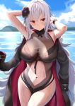  1girl armpits arms_behind_head arms_up azur_lane bangs bare_shoulders black_coat black_flower black_rose black_swimsuit blue_sky blush breasts cleavage cloud coat commentary_request cowboy_shot day eyebrows_visible_through_hair flower fur-trimmed_coat fur_trim graf_zeppelin_(azur_lane) graf_zeppelin_(beachside_urd)_(azur_lane) groin hair_between_eyes hair_flower hair_ornament highres horizon jacket jacket_on_shoulders kanade_pa large_breasts long_hair looking_at_viewer navel navel_cutout ocean one-piece_swimsuit outdoors parted_lips red_eyes rose see-through sidelocks silver_hair sky solo standing swimsuit taut_clothes taut_swimsuit very_long_hair wet wrist_straps 