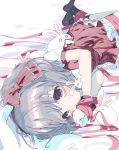  1girl animal_ears bangs bed_sheet black_eyes black_legwear blush bound bound_ankles bound_wrists bow bunny bunny_ears commentary_request dress grey_hair hair_bow hair_ornament idolmaster idolmaster_cinderella_girls idolmaster_cinderella_girls_starlight_stage lying narumiya_yume on_side red_bow red_dress ribbon shoes short_hair social_kasu_(mob_oji_katu) socks solo striped striped_dress 