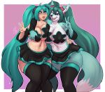  2020 anthro armwear big_breasts blue_body blue_eyes blue_fur bottomwear breast_grab breast_squish breasts breasts_frottage canid canine clothing curvaceous curvy_figure dipstick_tail divafox duo female fox fur fur_markings gesture green_hair hair hand_on_breast hatsune_miku hi_res hug huge_breasts human lavenderpandy legwear long_hair mammal markings multicolored_tail navel one_eye_closed pasties pigtails skirt smile squish thigh_highs tongue v_sign vocaloid voluptuous white_body white_fur wink 