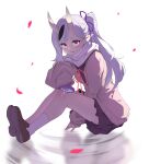  1girl absurdres black_serafuku black_shirt black_shoes black_skirt black_streaks blush brown_cardigan cardigan chinese_commentary commentary_request falling_petals fang full_body gradient_horns hair_between_horns hair_pulled_back highres hikimayu horns knee_blush knees_up loafers long_hair long_sleeves looking_at_viewer meng_ge_3_(565571710) miniskirt mole mole_under_mouth multicolored_hair multicolored_horns nijisanji official_alternate_costume official_alternate_hairstyle oni petals pleated_skirt pointy_ears purple_eyes purple_hair purple_horns rindou_mikoto rindou_mikoto_(3rd_costume) ripples scarf school_uniform serafuku shirt shoes side_ponytail single_hair_streak sitting skin-covered_horns skin_fang skirt sleeves_past_fingers sleeves_past_wrists smile socks solo streaked_hair thick_eyebrows virtual_youtuber white_scarf white_socks 