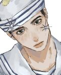  1boy black_hair dixie_cup_hat green_eyes hat head_tilt higashikata_josuke_(jojolion) highres jojo_no_kimyou_na_bouken jojolion looking_at_viewer male_focus military_hat portrait retsujoh sailor_collar short_hair solo sparkle 