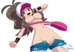  1girl bag blue_eyes breasts brown_hair highres medium_breasts nipples no_panties open_mouth poke_ball pokemon pokemon_(game) pokemon_bw ponytail pussy short_shorts shorts shorts_pull simple_background smile solo topless touko_(pokemon) uncensored white_background 