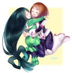 1girl 2girls :d artist_name ass asui_tsuyu bangs black_hair blush bodysuit boku_no_hero_academia boots breasts brown_hair chikuwa_savi closed_eyes commentary_request facing_another friends frog_girl gloves goggles goggles_on_head green_bodysuit green_hair hair_rings high_heel_boots high_heels long_hair low-tied_long_hair medium_breasts multiple_girls open_mouth short_hair sidelocks smile thigh_boots thighhighs tongue tongue_out uraraka_ochako very_long_hair white_gloves 