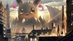  bridge building city cloud day eevee flyaspring4 gen_1_pokemon gigantamax highres outdoors pokemon pokemon_(creature) sunlight 