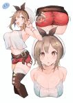  1girl absurdres ass atelier_(series) atelier_ryza atelier_ryza_1 bare_shoulders belt beret boots bracelet breasts brown_belt brown_boots brown_eyes brown_hair camisole collarbone commentary_request crop_top crop_top_overhang cropped_legs hat highres jewelry large_breasts long_hair looking_at_viewer midriff multiple_views navel one_eye_closed open_mouth puni_(atelier) red_shorts reisalin_stout short_shorts shorts simple_background smile taipe_pepe teeth thigh_boots thighhighs upper_teeth_only v white_background white_camisole white_hat white_thighhighs 