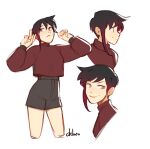  1girl alternate_costume alternate_hair_length alternate_hairstyle black_hair closed_mouth commentary cropped_legs de_b0o english_commentary gradient_hair grey_eyes grey_shorts highres long_sleeves multicolored_hair multiple_views red_hair red_shirt ruby_rose rwby shirt short_hair shorts simple_background single_sidelock smile very_short_hair white_background 