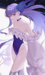 1girl absurdres bangs bare_shoulders blue_eyes blush breasts choker collarbone commentary fate/grand_order fate_(series) highres jesse_(pixiv34586727) long_hair long_sleeves looking_at_viewer meltryllis meltryllis_(swimsuit_lancer)_(fate) purple_hair sleeves_past_fingers sleeves_past_wrists smile solo swimsuit very_long_hair 