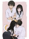  1boy 1girl :o animal_ears bangs black_hair black_pants black_skirt blush breasts chitanda_eru collarbone collared_shirt commentary_request couple crossed_arms dog_ears dog_tail ears eyebrows_visible_through_hair facing_away green_eyes green_shirt hair_between_eyes highres hyouka kamiyama_high_school_uniform long_hair looking_at_viewer mery_(yangmalgage) multiple_views open_mouth oreki_houtarou pants parted_lips pink_background pocket purple_eyes school_uniform serafuku shirt short_sleeves signature simple_background skirt tail two-tone_background uniform upper_body watch white_background white_shirt wristwatch 