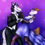  1:1 absurd_res albinadainer anthro black_tie_(suit) canid canine canis clothing confidence confident dancing darkflamewolf dress duo fan_character female gown hi_res male mammal murana_wolford_(darkflame-wolf) nervous sebastian_hrunting suit wolf 