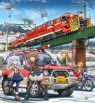  4girls absurdres aircraft black_boots black_gloves black_jacket black_pantyhose blazer blonde_hair blue_eyes blue_pantyhose blue_sailor_collar blue_skirt blue_sky boots bow bowtie breath bridge brown_boots brown_hair brown_jacket camera can car closed_eyes cloud coat commentary_request day fringe_trim gloves green_jacket grey_hair hair_ornament hairclip helicopter high_five highres holding holding_camera holding_can jacket leg_up long_hair medium_hair mikeran_(mikelan) mini_person minigirl miniskirt motor_vehicle motorcycle mountainous_horizon multiple_girls neckerchief one_eye_closed open_mouth orange_coat original outdoors pantyhose partial_commentary plaid_clothes plaid_scarf pleated_skirt pointing pointing_up ponytail red_bow red_bowtie red_neckerchief sailor_collar saliva scarf school_uniform selfie short_hair skirt sky smile standing standing_on_one_leg suspender_skirt suspenders sweatdrop train v video_camera white_gloves white_skirt winter winter_clothes 