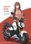  1girl 2026 backpack bag black_pants brown_background brown_eyes brown_hair brown_jacket closed_mouth commentary_request dated gloves grey_gloves happy_new_year honda jacket long_hair looking_at_viewer original pants shoes smile solo tantaka twitter_username two-tone_background white_background white_shoes 