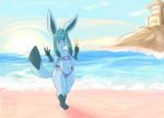  anthro barefoot beach bikini clothing day digitigrade eeveelution female flat_chested food glaceon hi_res japanese_text meirune nintendo pok&eacute;mon pok&eacute;mon_(species) popsicle sand seaside short_stack signature solo swimwear text video_games water wide_hips 