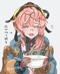  1girl backpack bag bandaid bandaid_on_face bandaid_on_nose blue_eyes bowl brown_gloves brown_hair coat commentary_request fang fate/grand_order fate_(series) food food_on_face gloves grey_background highres holding holding_bowl long_hair mining_helmet shimogamo_(shimomo_12) translation_request van_gogh_(fate) van_gogh_(miner)_(fate) 
