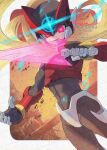  1boy armor blonde_hair border commentary_request cowboy_shot energy_sword forehead_jewel glint glowing glowing_eyes helmet highres holding holding_sword holding_weapon long_hair male_focus mega_man_(series) mega_man_zero_(series) mega_man_zero_3 omega_(mega_man) red_armor red_eyes red_helmet smirk solo sword twitter_username weapon white_border yamanashi_taiki 