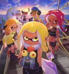 6+girls agent_3_(splatoon) agent_3_(splatoon_3) agent_4_(splatoon) agent_8_(splatoon) black_dress black_gloves blonde_hair blue_hat braid callie_(alterna)_(splatoon) callie_(splatoon) cap'n_cuttlefish captain_3_(splatoon) character_request check_character closed_mouth coat dress full_body gloves hat headphones highres holding holding_umbrella inkling long_hair long_sleeves looking_at_viewer marie_(alterna)_(splatoon) marie_(splatoon) mole mole_under_eye multicolored_hair multiple_girls octoling official_alternate_costume open_mouth orange_eyes outdoors ovolo123 parasol patchwork_clothes peaked_cap pointy_ears salmonid shirt short_hair shorts smallfry_(splatoon) smile splatoon_(series) splatoon_3 strapless sunset symbol-shaped_pupils tentacle_hair umbrella yellow_eyes 