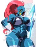 2026 abs animal_humanoid anthro artiah669 big_breasts blue_body blue_skin bra breasts clothed clothing colored eye_patch eyewear female fish frilly frilly_bra frilly_clothing frilly_legwear frilly_underwear gills gloves hair half_naked hand_on_hip handwear head_gills holding_object holding_weapon humanoid legwear lingerie long_hair marine marine_humanoid melee_weapon muscular muscular_anthro muscular_arms muscular_female muscular_humanoid polearm ponytail portrait red_hair scar scars_all_over signature simple_background smile solo spear thick_thighs thigh_highs three-quarter_portrait undertale_(series) underwear undyne watermark weapon white_background yellow_sclera