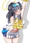  1girl absurdres animal_ears black_hair blue_archive blue_eyes blush cheerleader commentary_request dog_ears dog_girl dog_tail goggles goggles_on_head halo hibiki_(blue_archive) hibiki_(cheer_squad)_(blue_archive) highres holding holding_pom_poms long_hair looking_at_viewer microskirt millennium_cheerleader_outfit_(blue_archive) navel official_alternate_costume open_mouth pom_pom_(cheerleading) simple_background skirt solo star_(symbol) star_sticker sticker sticker_on_arm sticker_on_face tail white_background woo_(woosan) yellow_halo 