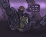  2_toes 5:4 absurd_res alien anthro balls bodily_fluids butt clothing cum english_text genital_fluids genitals halo_(series) hi_res jackiethedemon looking_at_viewer looking_pleasured male microsoft penis rubber sangheili solo speech_bubble spread_butt spreading suit sweat sweaty_balls text toes uncut video_games xbox_game_studios 